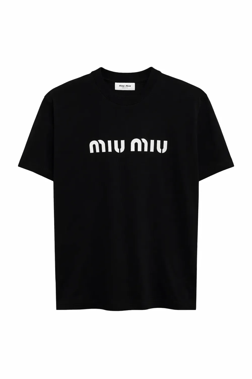 miu miu black designer t shirt men's minimal logo front view luxury cotton tee