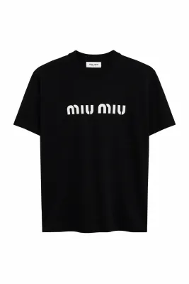 miu miu black designer t shirt men's minimal logo front view luxury cotton tee