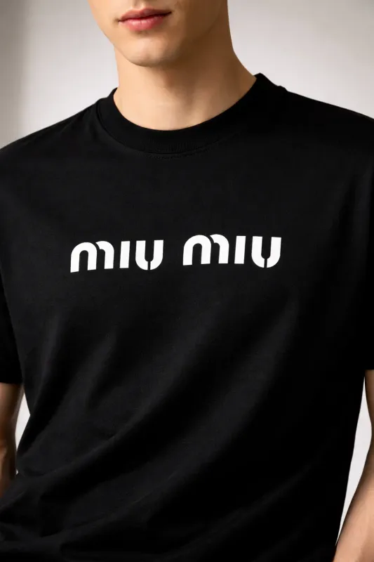 miu miu black designer t shirt men's editorial chest crop minimal logo luxury look