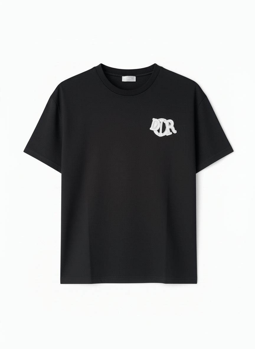 Black Dior logo embroidered men's t-shirt, professional catalog shot on a white background, ideal for e-commerce, smooth and 