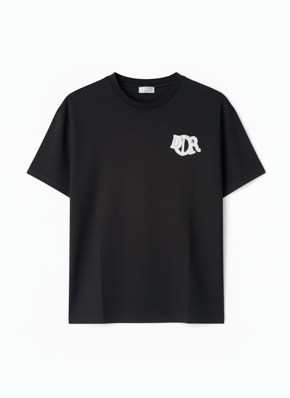 Black Dior logo embroidered men's t-shirt, professional catalog shot on a white background, ideal for e-commerce, smooth and 