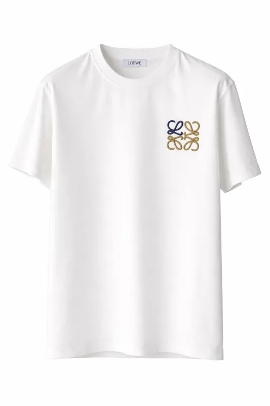 Loewe white tee shirt mens with embroidered anagram logo front catalog view