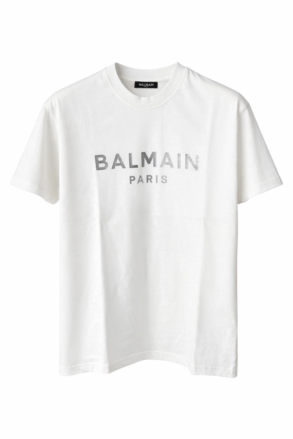 Balmain Paris men’s white T-shirt with silver logo print made from premium cotton