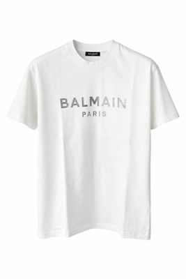 Balmain Paris men’s white T-shirt with silver logo print made from premium cotton