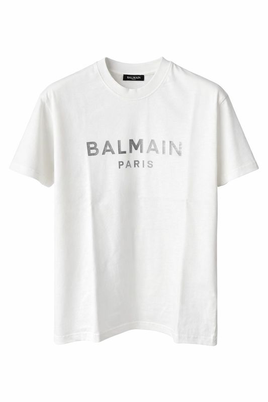 Balmain white t shirt with large silver front logo for men luxury designer wear