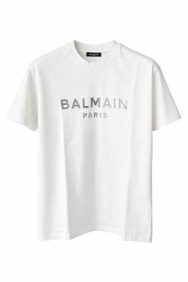 Balmain white t shirt with large silver front logo for men luxury designer wear