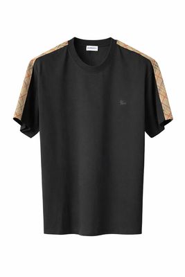 Burberry black men's t-shirt with check shoulder detail and embroidered logo luxury designer t-shirt front view