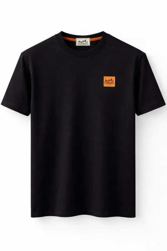 Hermes minimal logo black tee men front catalog studio view