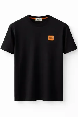 Hermes minimal logo black tee men front catalog studio view