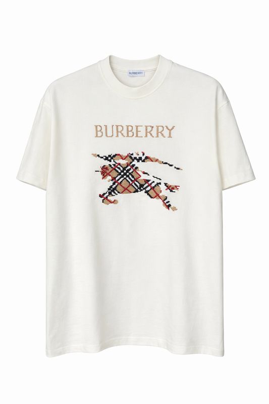 Burberry cream luxury men’s t-shirt with embroidered logo design front view studio product image