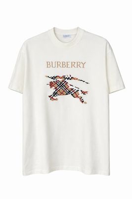 Burberry cream luxury men’s t-shirt with embroidered logo design front view studio product image