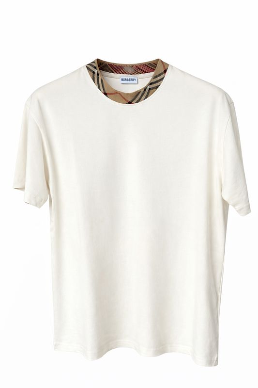 Burberry cream luxury men’s t-shirt with signature check collar detail front view studio product image