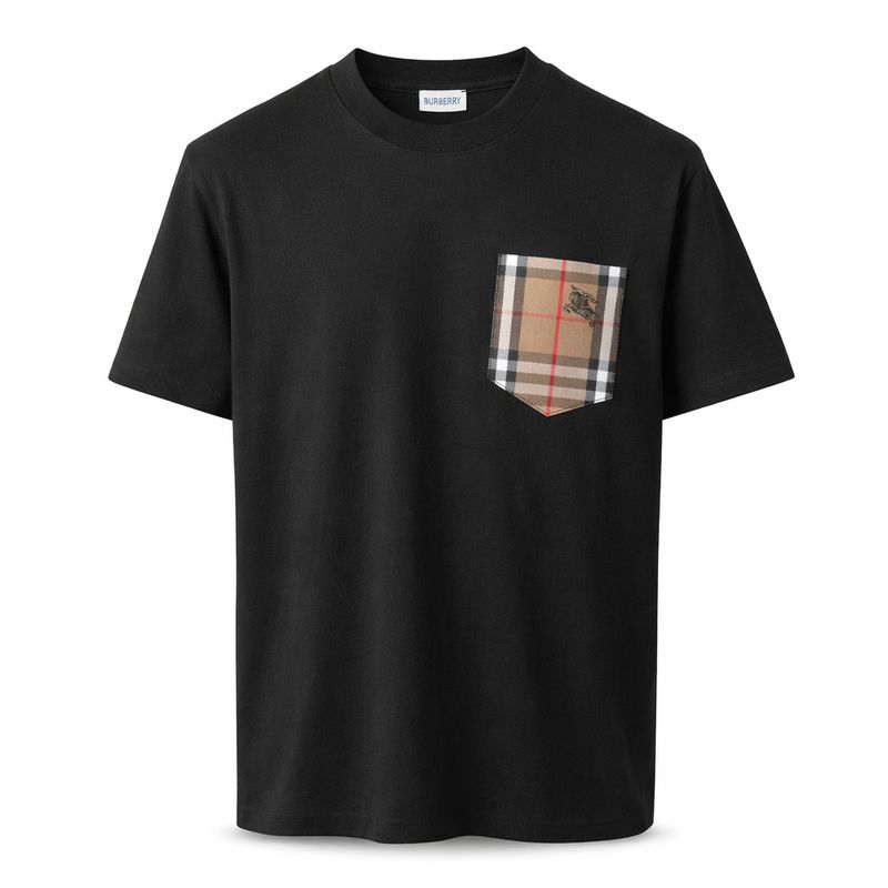 Burberry black men's t-shirt with signature check pocket detail luxury designer cotton t-shirt front view