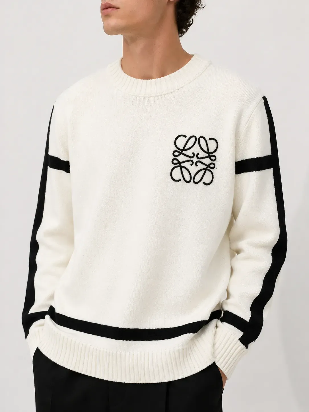 loewe anagram knitted sweater men chest crop editorial premium wool knit minimal luxury outfit style