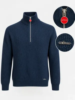 Kiton navy blue half zip knit sweater for men featuring textured knit fabric, signature red zipper pull and silver Kiton logo