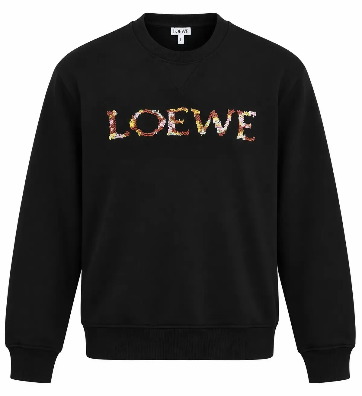 Loewe black crewneck sweatshirt for men with multicolor embroidered chest logo