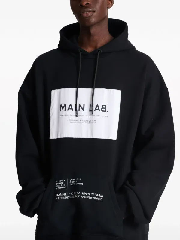 balmain logo print hoodie men logo close up black print premium cotton detail