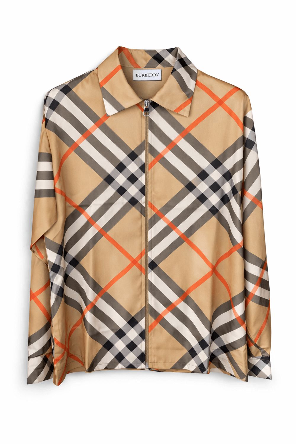 Mens Burberry check pattern zip shirt beige designer luxury clothing with classic tartan print front view
