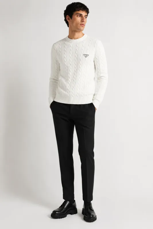 Prada white knit sweater mens luxury studio fit outfit with tailored black trousers