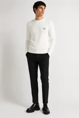 Prada white knit sweater mens luxury studio fit outfit with tailored black trousers