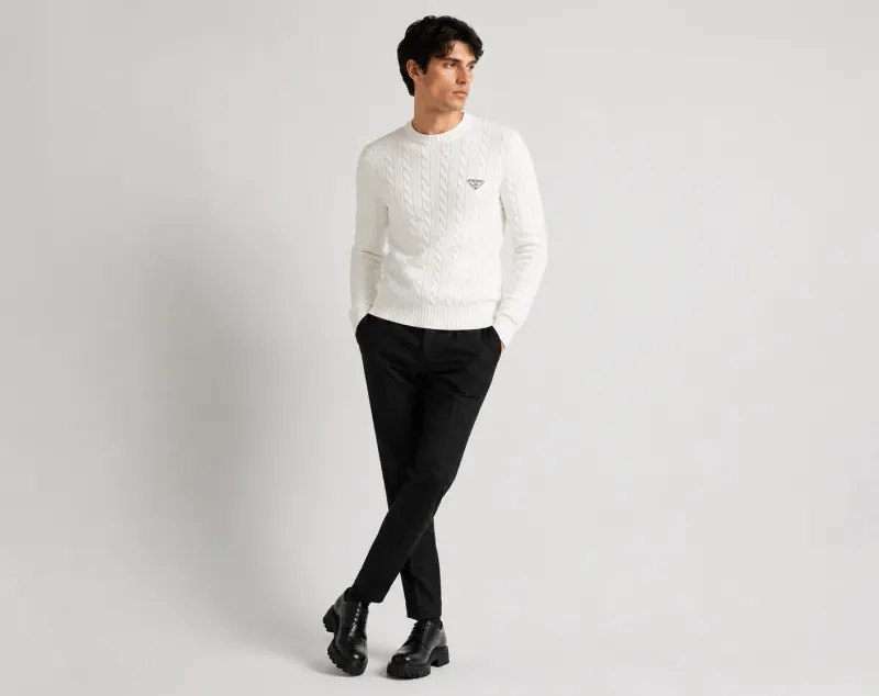 Prada white knit sweater mens luxury editorial pose with modern tailored monochrome styling