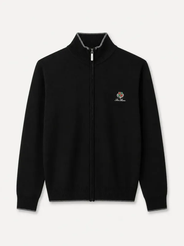 loro piana black zip knit sweater men front view premium wool high neck luxury minimal design
