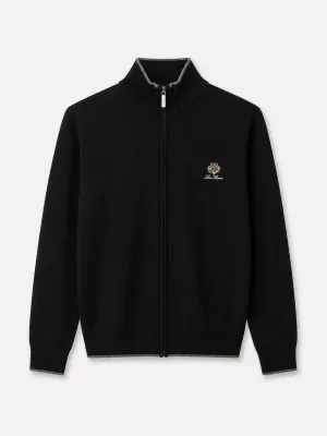 loro piana black zip knit sweater men front view premium wool high neck luxury minimal design