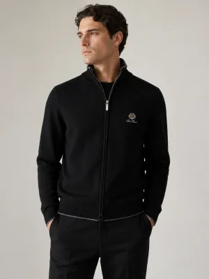 loro piana black zip knit sweater men model front view premium wool high neck luxury minimal outfit style