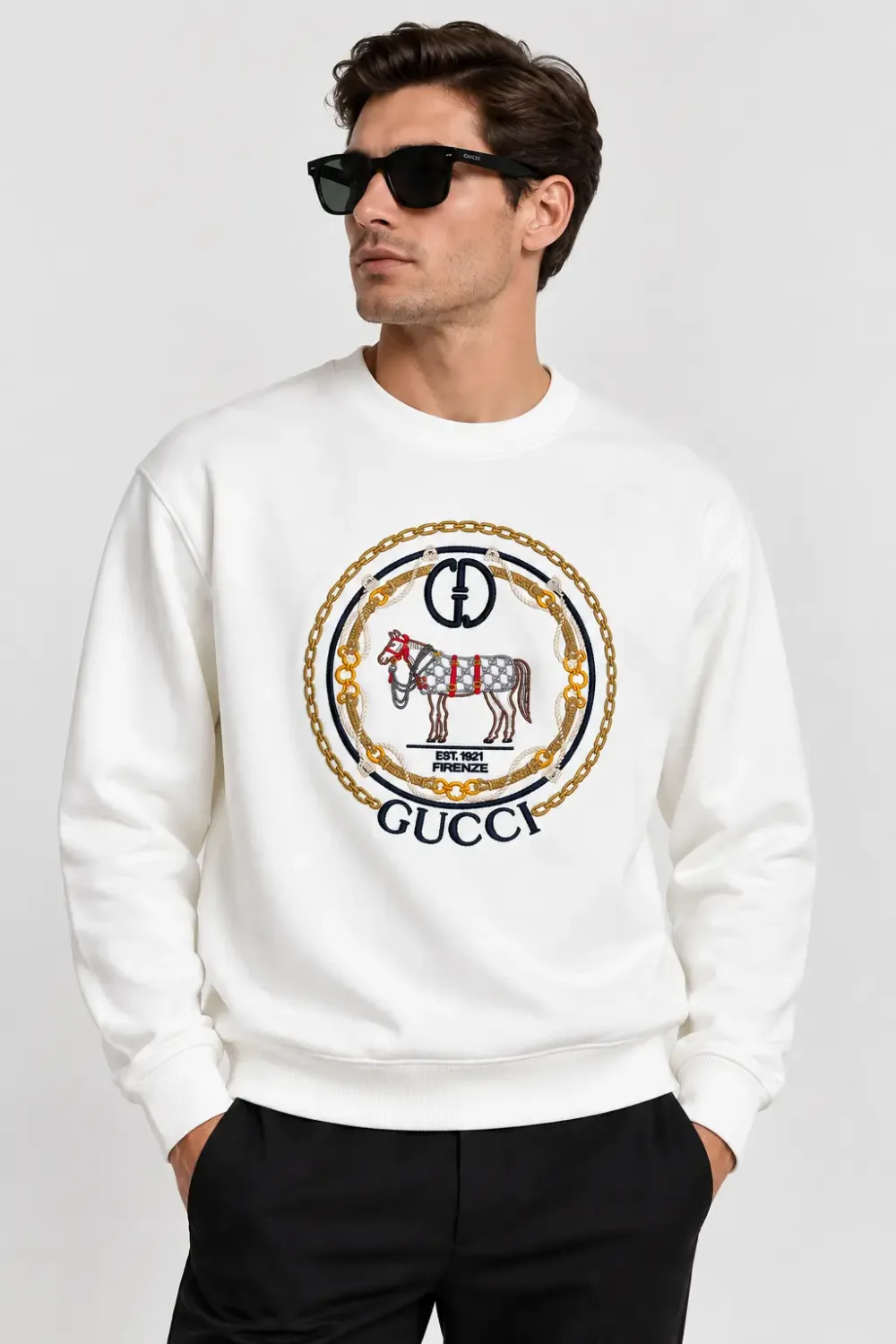 gucci white embroidered sweatshirt men model wearing equestrian horse and gold chain design