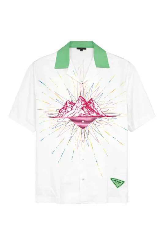 White Prada short sleeve shirt with mountain print and green collar for men