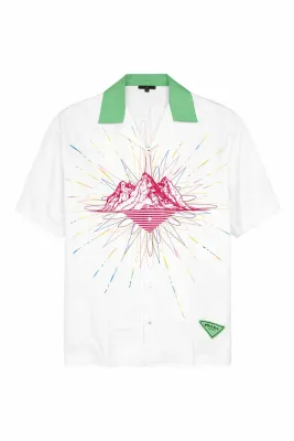 White Prada short sleeve shirt with mountain print and green collar for men