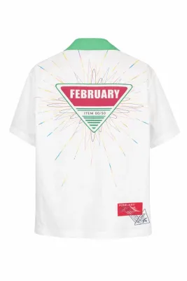 Back view white Prada short sleeve shirt with February graphic print for men