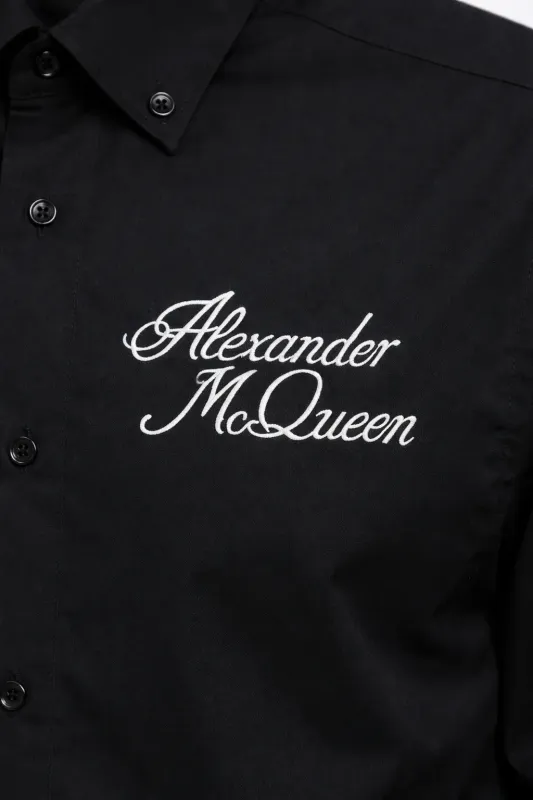 Alexander McQueen logo embroidered black shirt close up mens designer shirt luxury fashion detail