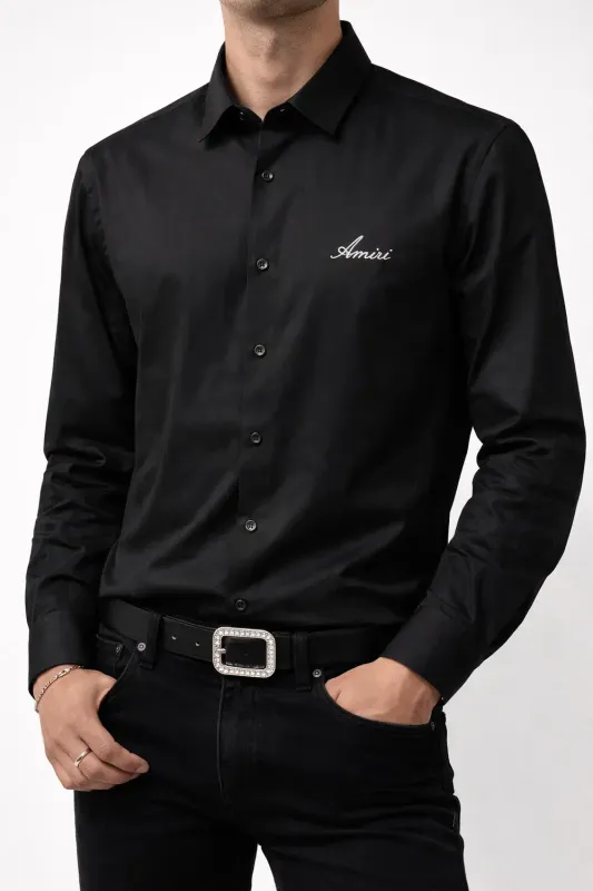 Amiri logo embroidered black long sleeve shirt mens premium designer cotton button up