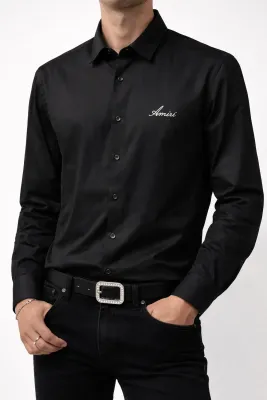 Amiri logo embroidered black long sleeve shirt mens premium designer cotton button up