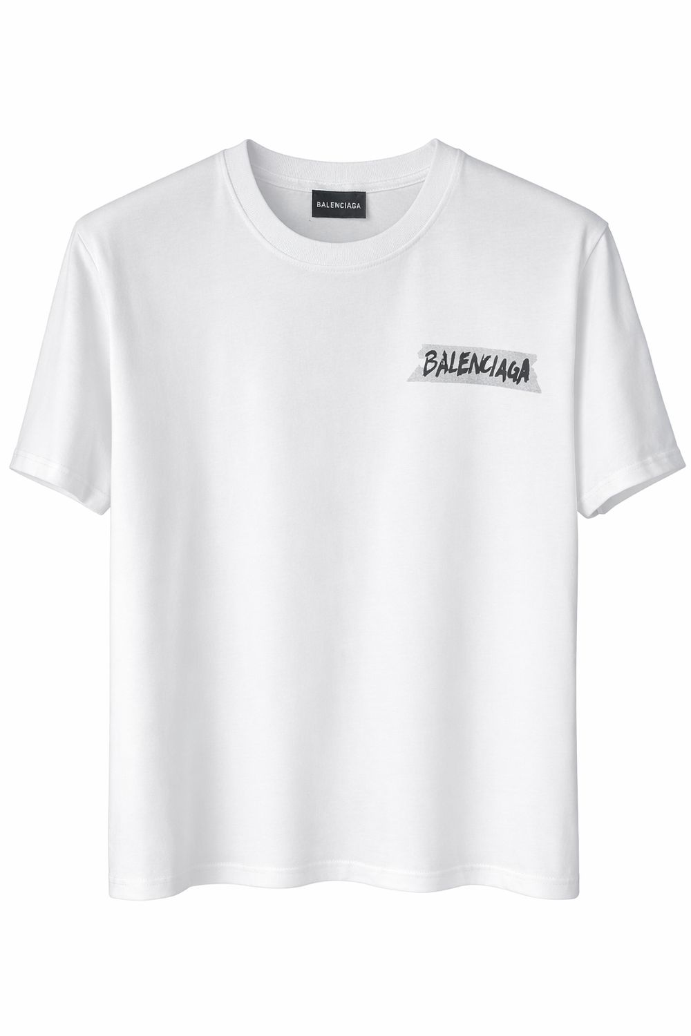 Balenciaga white tape logo t-shirt for men, oversized luxury designer tee with front chest logo
