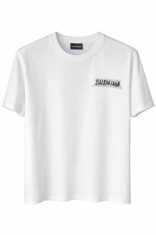 Balenciaga white tape logo t-shirt for men, oversized luxury designer tee with front chest logo