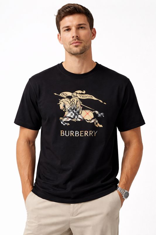 Burberry black knight logo men’s t-shirt worn by male model luxury designer casualwear front view studio style