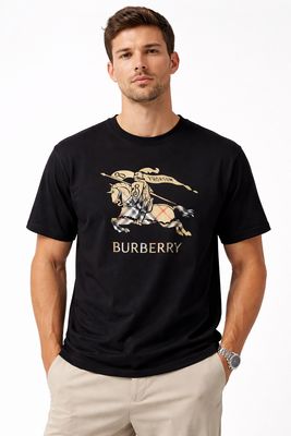 Burberry black knight logo men’s t-shirt worn by male model luxury designer casualwear front view studio style