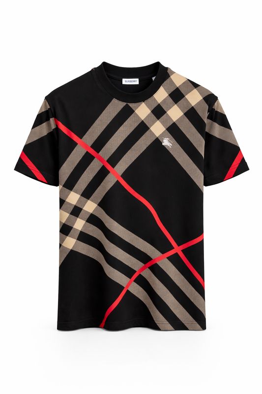 Burberry black men's t-shirt with signature check pattern and red stripe detail luxury designer cotton t-shirt front view