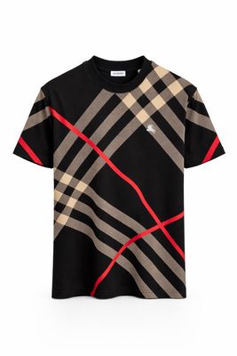 Burberry black men's t-shirt with signature check pattern and red stripe detail luxury designer cotton t-shirt front view