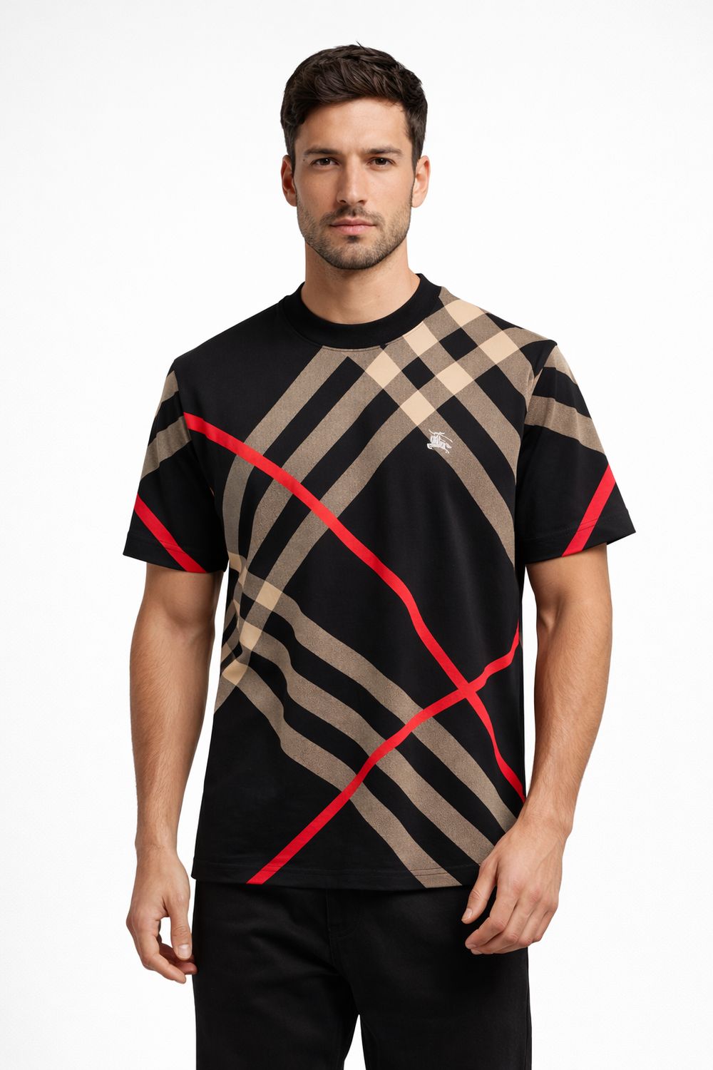 Male model wearing Burberry black check pattern t-shirt with red stripe detail luxury designer men's outfit front view