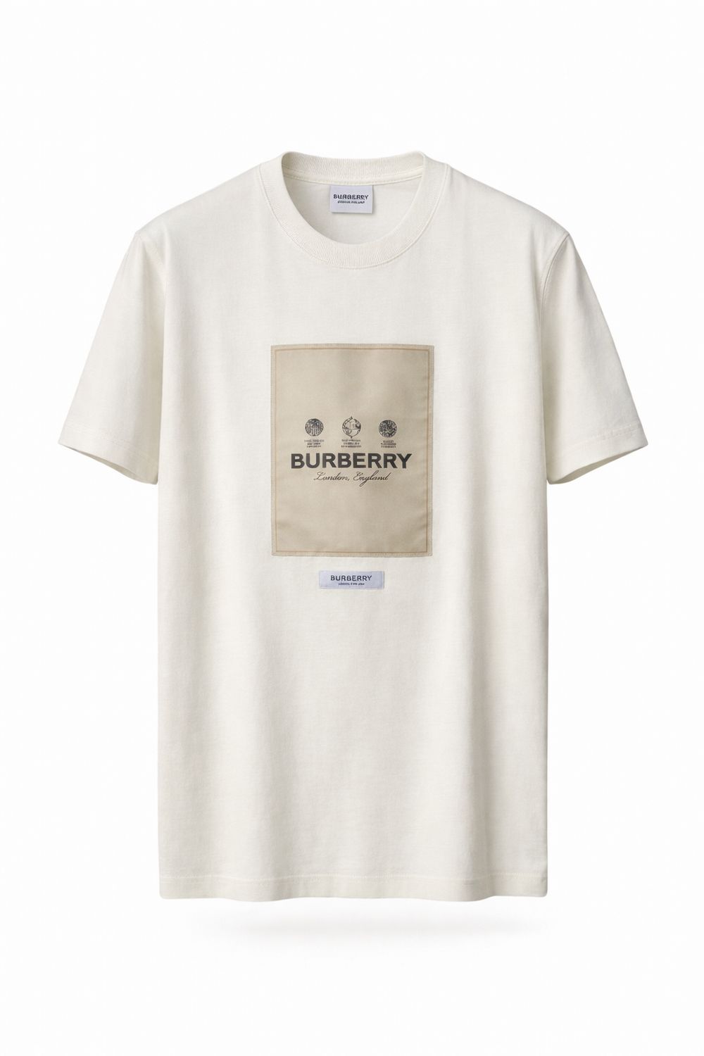 Burberry cream men's designer t-shirt with signature logo patch premium cotton front product image