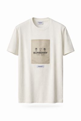Burberry cream men's designer t-shirt with signature logo patch premium cotton front product image