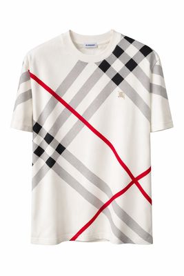 Burberry men's designer t-shirt with multicolor check pattern featuring white base with red black and grey accents