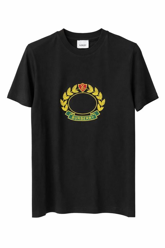 Burberry black men's designer t-shirt featuring embroidered crest logo and premium cotton luxury front view