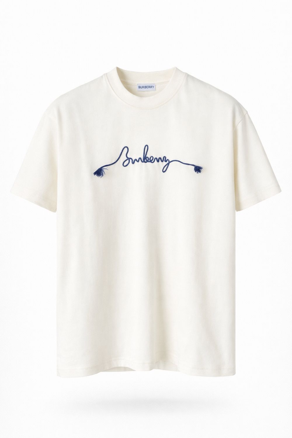 Mens Burberry cream t shirt with embroidered script logo luxury designer clothing front product image