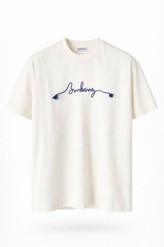 Mens Burberry cream t shirt with embroidered script logo luxury designer clothing front product image