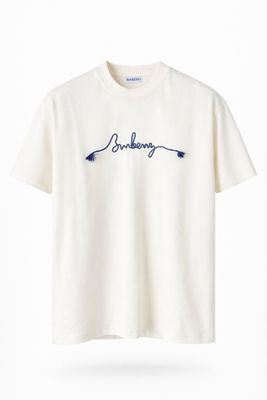 Mens Burberry cream t shirt with embroidered script logo luxury designer clothing front product image