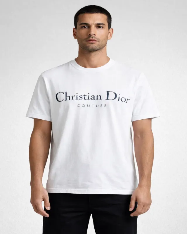Christian Dior Couture logo designer men's white t-shirt front view worn by male model straight pose luxury fashion